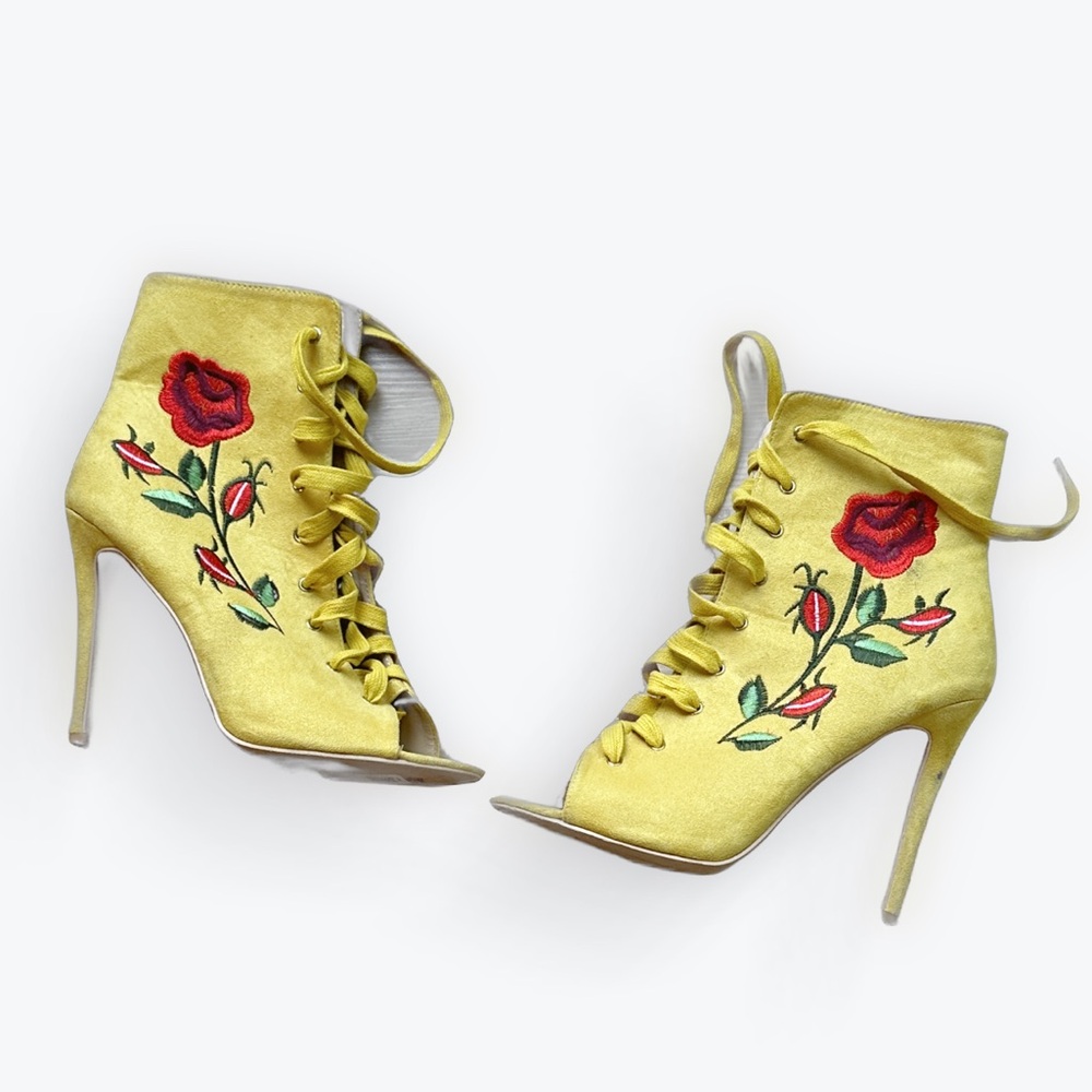 Romantic Goth Rose Embroidery Mustard Peep-Toe Corset Lace Suede Ankle Boots ~10